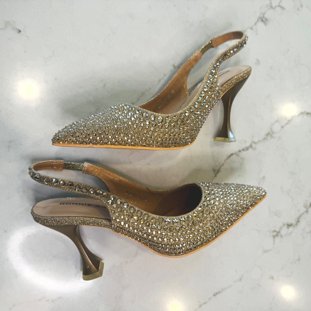 Ronnie Grey Women 7.5 EU38 Gold Rhinestone Slingback Pump Flare Heel Pointed Toe